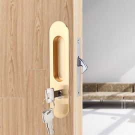 Sliding Door Lock, Sliding Door Lock with Key, Aluminium Alloy Security Door Lock for Wooden Furniture Fittings, Suitable Door Thickness: 35-45 mm (Gold)