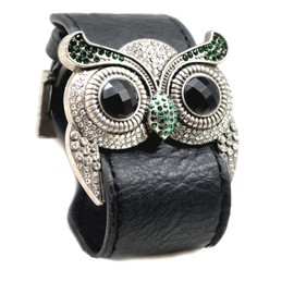 Accents Kingdom Silver Color Crystal Owl Leather Cuff Bracelet with Simulated Emerald Color Crystal