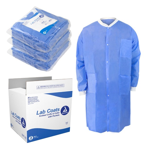 Dynarex Disposable Lab Coats - Breathable Triple-Layered Non-Woven Polymer Fabric - Knee Length, Elastic Cuffs - Blue, Small, Case of 30 Lab Coats