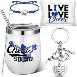 Irenare 4 Pcs Cheerleader Gifts Set 12 oz Cheer Tumbler Makeup Bag Cheerleading Bracelet Cheer Keychain for Cheer Accessories (Blue)