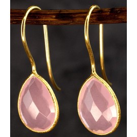MadamLili - Ohrringe Rosenquarz Edelstein - 925 Sterling Silber Vergoldet - Handgefertigt - Hängende Rosa Ohrhänger - Exklusive Schmuckbox