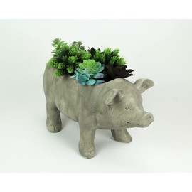 Zeckos Charming Rustic Weathered Grey Smiling Pig Resin Planter Plant Pot - Adorable Outdoor Décor Accent for Porches, Patios, Yards and Gardens - 17 Inches Long