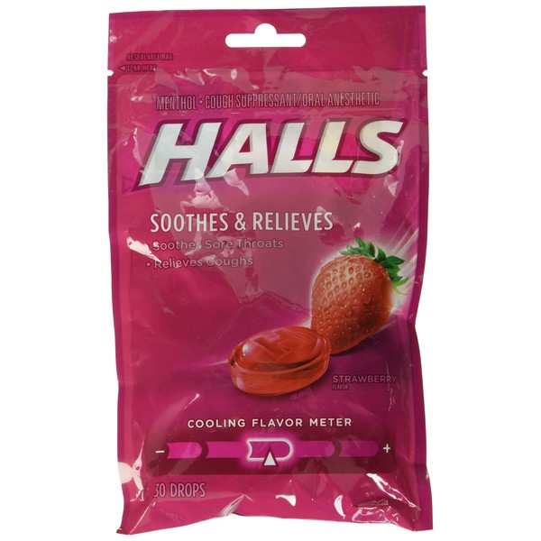 Halls Strawberry Flavor Menthol Drops, 30 Each (Pack of 6)