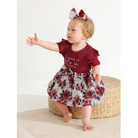Newborn Baby Girl Romper Dresses Short Sleeve Ruffle Floral Bow Dress Skirt Headband Summer Outfit Red 9-12 Months