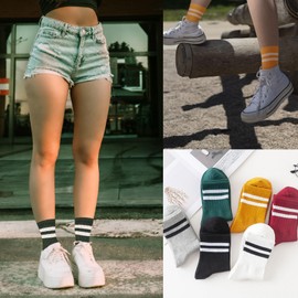 EUPSIIU 6 Pairs Striped Socks High Ankle Tube Socks, Womens Cute Stripe Casual Socks for Ladies,Retro Ankle Socks for Ladies (multicolor)