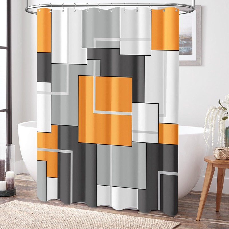 BTTN Orange Fabric Shower Curtain, Modern Geometric Neutral Cloth Shower