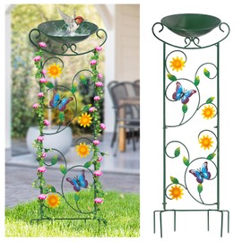 HONGLAND Bird Bath with Trellis Outdoor, 35 Inch Garden Iron Plant Trellis with Decorative Butterflies Detachable Bird Bowl Metal Potted Plants Support, Free Standing BirdBath Birdfeeder Station