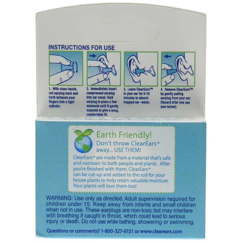 Clear Ears Water Absorbing Earplugs 5 Pairs, for Swimming, Bathing