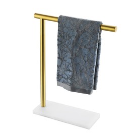 JQK Hand Towel Holder Stand Brushed Gold, Modern Tree Rack Free Standing for Countertop with 12 Inch Bar, 304 Stainless Steel Thicken 0.8mm White Base, HTT170-WG