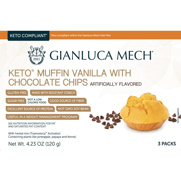 Gianluca Mech - Keto Italian Muffin with Vanilla Flavor and Chocolate Chips, Low Carb Snack, Glycemic Friendly and Sugar Free, Ideal for Diabetes Control, High Protein Content, 3x40gr