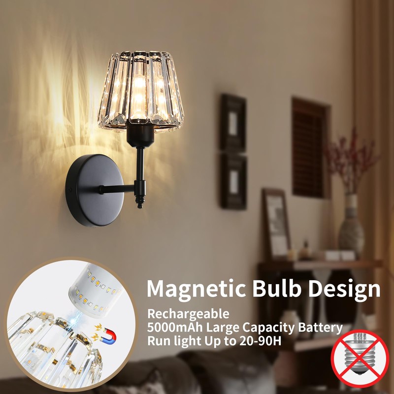 Battery Operated Crystal Wall Sconce Set of 2, Black Rechargeable