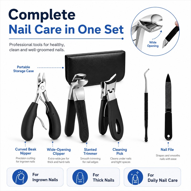 5-Piece Ingrown Toenail Tool Kit for Thick Nails – Curved