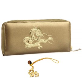 [SakuraZen] Feng Shui Secret Emperor Dragon Round Wallet, Money Luck, Real Gold Foil, Engraved, Cow Genuine Leather, Men's, Gold, Golden, Netsuke, Present, Made in Japan, Emperor Dragon Tiger Eyes