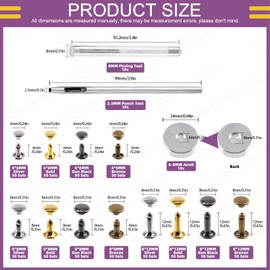 Swpeet 600 Sets 4 Colours 6 mm 8 mm 12 mm Leather Rivets Double Cap Rivets with 3 Pieces Fastening Tool Assortment Kit, Leather Rivets Double Cap Rivets Tubular for DIY Leather Craft Clothing Shoes