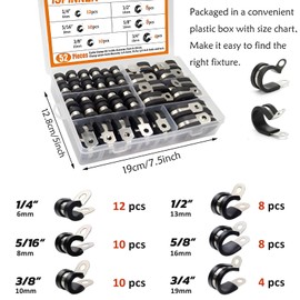 52Pcs Cable Clamps Assortment Kit, 304 Stainless Steel Rubber Cushioned Insulated Clamp, Loop Clamps, Pipe Clamps in 1/4" 5/16" 3/8" 1/2" 5/8" 3/4" （6 Sizes）