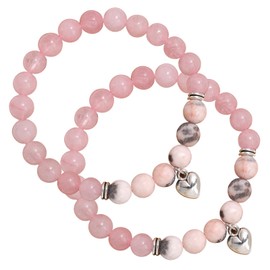 Valicaer 2 Pcs Blessing Bracelet for Women,Natural Stone Crystal Jewelry,Gemstone Zebra Bead & Heart chamm for Meditation Relax Teens Gins Gifs (Clear Pink)