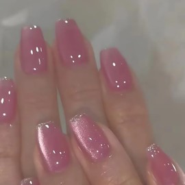 Tyuimhx Pink Cat Eye Press on Nails Medium Coffin Fake Nails Glossy False Nails With Glitter Designs Full Cover Stick on Nails Reusable Acrylic Artificial Nails for Women Glue on Nails 24 Pcs