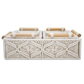 GIB Macrame Storage Basket Boho Decor Baskets with Wood Handles and Liners, Hand-Woven Decorative Storage Boxes for Shelves Toilet Tank Cabinet Organizer for Living Room Bedroom, Set of 3