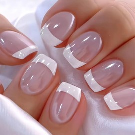 BABALAL White French Tip Nails - Short Press On Nails, 24Pcs Nude Square Soft Gel Nail Tips, Full Cover Stick on Nails Supplies Acrylic Artificial Nails for Women DIY Squoval Nails Art Decoration