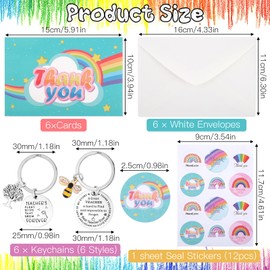 6 Sets Nursery Teacher Gifts, Thank You Teacher Gifts with 6 Rainbow Thank You Cards, 6 Keyrings and 12 Stickers, Teacher Keyring Gifts, Best Teacher Gifts for Primary School Nursery Teachers