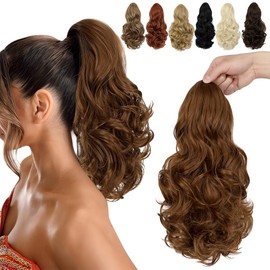 FELENDY 15" Ponytail Extension Drawstring Curly Wavy Ponytail Extensions Clip in Long Pony Tails Hair Cute Synthetic Piece for Women Light Auburn