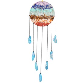 KYEYGWO 7 Chakra Stone Hanging Ornament with Blue Titanium Coated Crystal, Round Resin Discs Gemstone Hanging Healing Stone Wind Chime Hanging Decoration for Home Wedding Souvenir