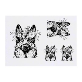4 x 'German Shepherd with Floral Crown Portrait' Temporary Tattoos - Water Resistant, Skin-Safe, Non-Toxic Transfers, Mixed Sizes (TO00083778)