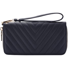 Brentano Vegan Leather Slim Single-Zipper Chevron Embroidered Wallet Clutch with Removable Wrist Strap (Navy)
