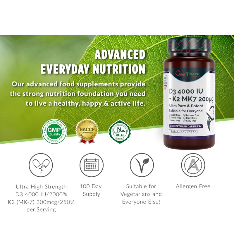 Vitamin D3 4000IU + K2 MK7 200mcg Natural Premium Quality