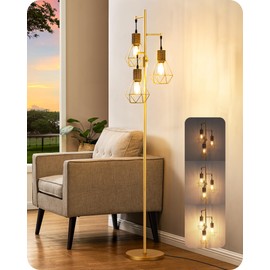 EDISHINE Dimmable Industrial Floor Lamp, Farmhouse Standing Lamp for Living Room with 3 LED Edison Bulbs, Diamond-Shaped Cage, Corner Rustic Rattan Reading Lamps for Bedroom, Office, Gold