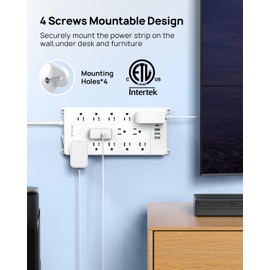 TROND Surge Protector Power Strip 15 ft Cord, Flat Plug Extension Cord with USB C, 13 Wide Spaced Outlets, 4000J, 32W Quick Charge 3.0 & USB C Power Delivery, Wall Mount, Under Desk, ETL Listed, White