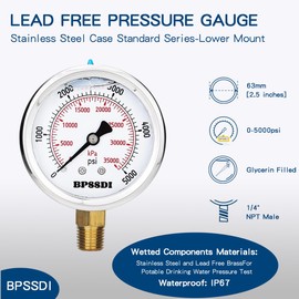 BPSSDI 0-5000 Psi Glycerin Liquid Filled Hydraulic High Pressure Gauge, 2.5" Dial Size, 1/4" NPT Lower Mount, 304 Stainless Steel Case, for Water Oil Air Gas Pressure Test