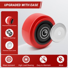 Nefish 4" X 2" Caster Wheels Set of 4, Polyurethane on Polyolefin Core Wheel with Double Ball Bearing and Dust Cover 1/2" Bore Heavy Duty Replacement Wheels 2400 lbs Capacity(4 Pack)