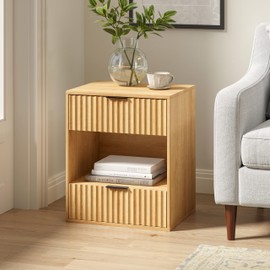 EYYTHUNG Fluted Nightstands with 2 Drawers and Open Shelves, 19.6" Modern Side Table, Large End Tables Bed Night Stand for Bedroom Living Room Sofa, Natural Oak