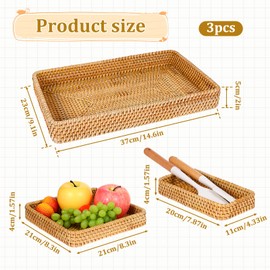 Set of 3 Wicker Storage Basket Rattan Tray Rectangular Wicker Basket Decorative Serving Tray Food Serving Holders Fruit Baskets Woven Baskets for Storage Home Kitchen Restaurant Decor