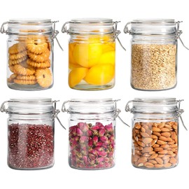 Talented Kitchen 6-Pack Airtight Mason Jars with Clamp Lids, Glass Canisters with Wooden Spoons and 157 Preprinted Labels, 25 oz Mason Jar with Spoon and Lid for Cereal, Flour, Cookies
