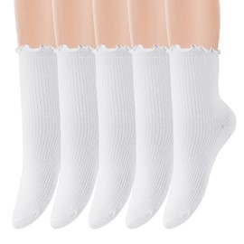 MKYSZLT Ruffle Ankle Socks for Women,Cute Cotton Knit Crew Socks White Frilly Socks Soft Knit Lettuce Trim Low Cut Socks (US, Alpha, One Size, Regular, Regular, 5, White)