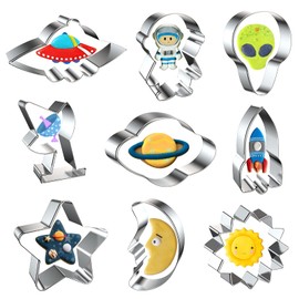 Wonmon 9 PCS Space Cookie Cutters Set, Metal Outer Space Cookie Cutters Rocket, Astronaut, Moon, Star, Sun, Planet, Airship, Radar, Alien Shape Cutters Molds for Space Theme Party Supplies