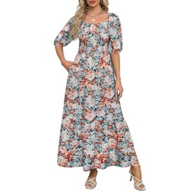 Lyrur Women's Summer Dress Puff Sleeve Square Neck Smocked Tiered Ruffle A Line Long Maxi Sundress with Pockets(M,7017-Light Blue Floral)