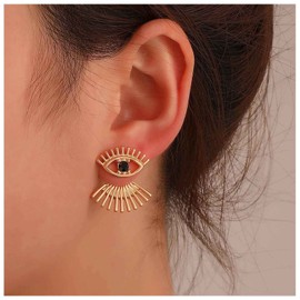 Inilbran Boho Evil Eye Ear Jacket Earrings Punk Gold Evil Eye Earrings Ethnic Evil Eyelash Earrings Exaggerated Front Back Earrings Jewellery for Women and Girls