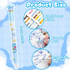 QMLING Erasable Gel Pens with Thermo-Sensitive Eraser Ink: Pack of 12 Assorted Barrel Designs Pens, 0.5 mm Tip, Animal Motifs (Blue)