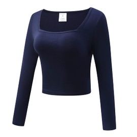 OThread & Co. Women's Long Sleeve Square Neck Crop Top Basic Comfy Stretch Tee (Large, Navy)