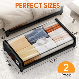SpaceHacks Under Bed Storage with Wheels 2Pack Storage Containers with Clear Window&Label Under Bed Drawers Rolling Under Bed Storage for Clothes,Shoes, Blankets (30.71 x 16.93 x 6.69 in, Black)