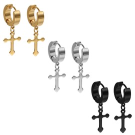 Oidea Men's Cross Stud Earrings Set, Creole Cross Pendant Ear Piercing Earrings Black Gold Silver, Stainless Steel
