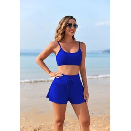 Pink Queen Women's Summer Trendy 2 Piece Bathing Suits Retro Boyshort Swimsuit Empire Waist Bikini with Bottom Fashion Pool Party Swimwear with Pockets Sapphire Blue L