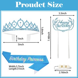 POPOYU Birthday Tiara and Sash,Blue Birthday Crown,Birthday Princess Sash,Sweet Princess Birthday& Sash for for Her Girls Birthdays Accessories Gifts Party Costume Decoration