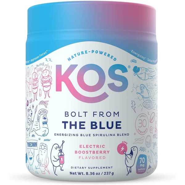 KOS Bolt from The Blue - Natural Pre Workout Blue Spirulina Blend - Blue Raspberry Flavor, 30 Servings - Spirulina, Ashwagandha, Rhodiola, Cordyceps, Lions Mane