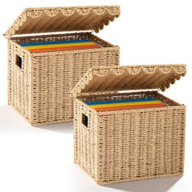 Jingmore 2 Pack Paper Rope File Storage Box with Scalloped Lid Collapsible Letter Size Hanging Filing Organizer Basket for Home, Woven Decorative Document Storage School Years Memory Box