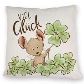 Mouse Cushion with Saying Viel Glück ein Comfortable Decorative Cushion as Lucky Charm Cute Motif Lucky Clover Drawing for Women Cuddly Cushion Cover Printed Sofa Clover Leaf