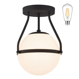 Bagood 9.8" Mid Century Ceiling Light Modern Semi Flush Mount Ceiling Light Fixture Globe Ceiling Light Fixture with Milk Glass Shade Matte Black Finish for Kitchen Island Hallway Foyer (Bulb Incl.)
